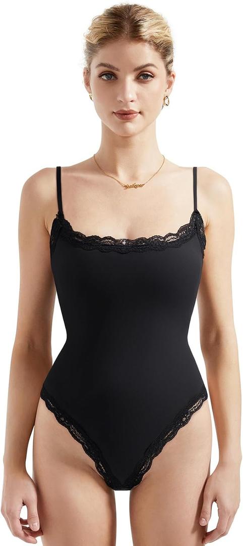 SUUKSESS Women Square Neck Lace Bodysuit Sleeveless Spaghetti Strap Tank Top (Small, Black)