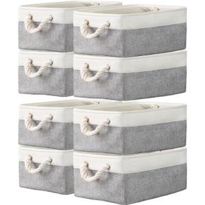 Storage Basket Bins 8 Pack Storage Baskets for Shelves - Decorative Baskets Fabric Storage Cubes Containers W/Handles for Clothes Storage Books, Home, Garage, Office, Bedroom, Parlor, Car (Grey/White)