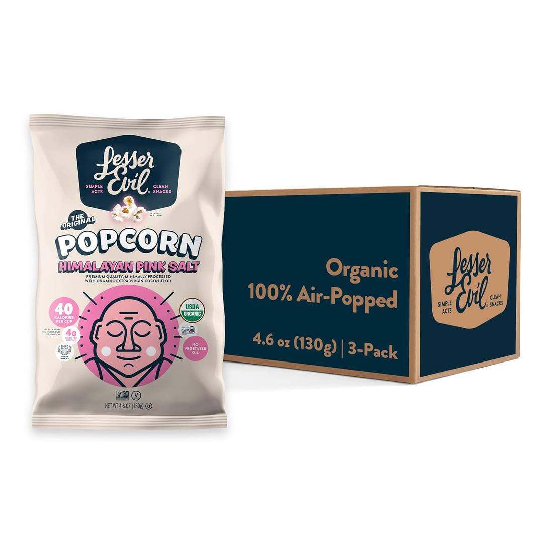 LesserEvil Himalayan Pink Salt Organic Popcorn, Premium Quality, Minimally Processed, No Vegetable Oil, 4.6 Oz, (Pack of 3) (EXP 09/26/26)