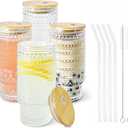 4 Pcs 16 oz Glasses Cups Set with Bamboo Lids Straws Brush Hobnail Glassware Set for Juice Iced Coffee Beer and Cocktail Whiskey