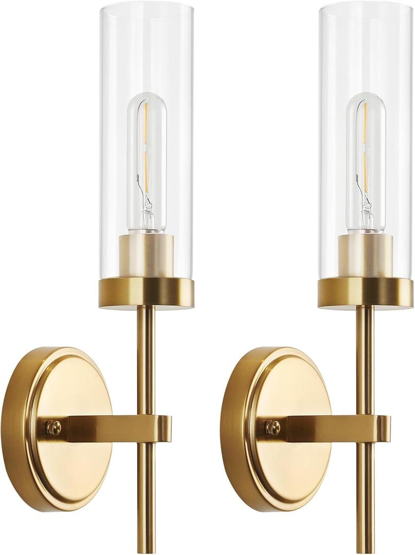 WILON Gold Wall Sconces Set of 2, Vanity Lights for Bathroom Sconces Wall Lighting with Clear Glass Shades, Vintage Antique Brass Wall Lamp for Mirror Bedroom Living Room Bedside Hallway