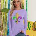 LAZYCHILD Mardi Gras Shirt for Women: Fat Tuesday Shirts Mardi Gras Long Sleeve New Orleans Carnival Party Tops (Purple, XL)