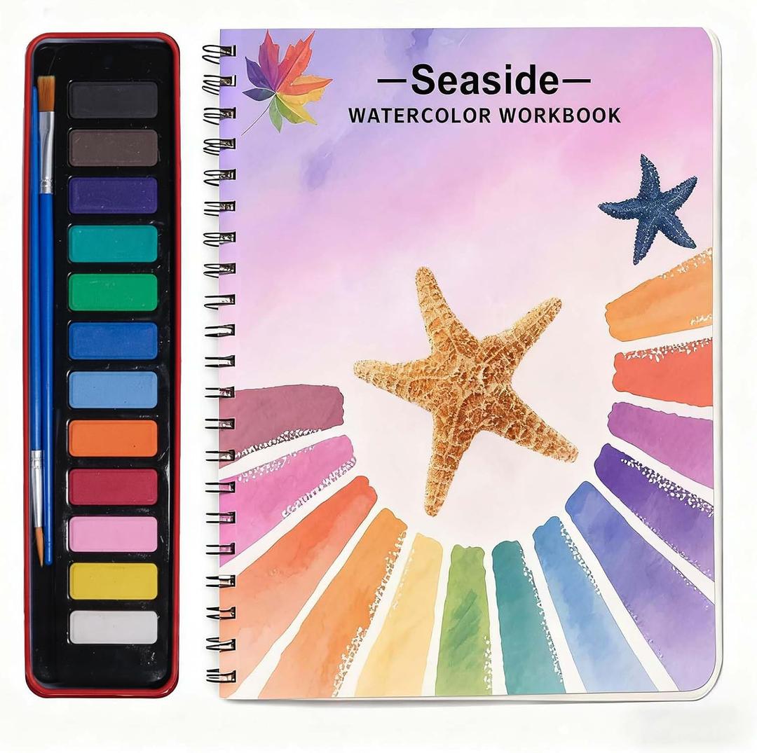 2 x Watercolor Workbooks, Beginner Watercolor Painting Kit 12 Colors Paint Set with Brush Perfect for Gifting to Spark Creativity & Joy for Teens & AdultsSeaside