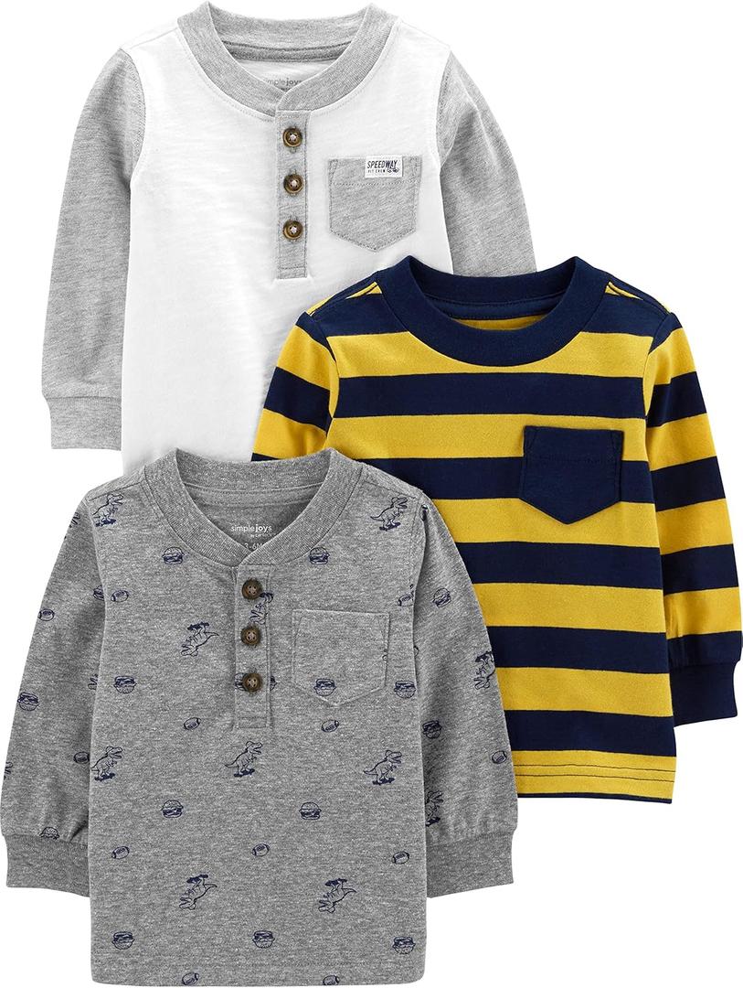 Simple Joys by Carter's Boys 3-Pack Long Sleeve Shirts (4T, Grey Dinosaur/White/Yellow Stripe)