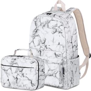Airyard School Backpack for Girls, Water Resistant Bookbag for Teen Girls Womens Backpack with Lunch Bag (Marble White)