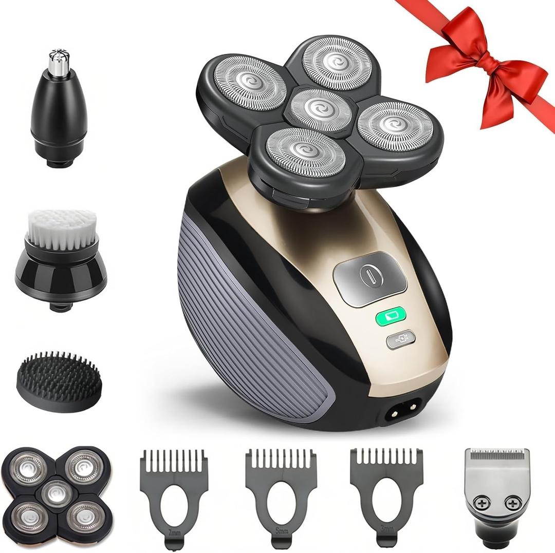 5 in 1 Head Shavers for Bald Men, Skull Head Shaver with Rechargeable Battery, Electric Razor, Hair Clippers, Nose Hair Trimmer, Cleaning Brush, Hair Manager, Idea Gift for Men(Brown)