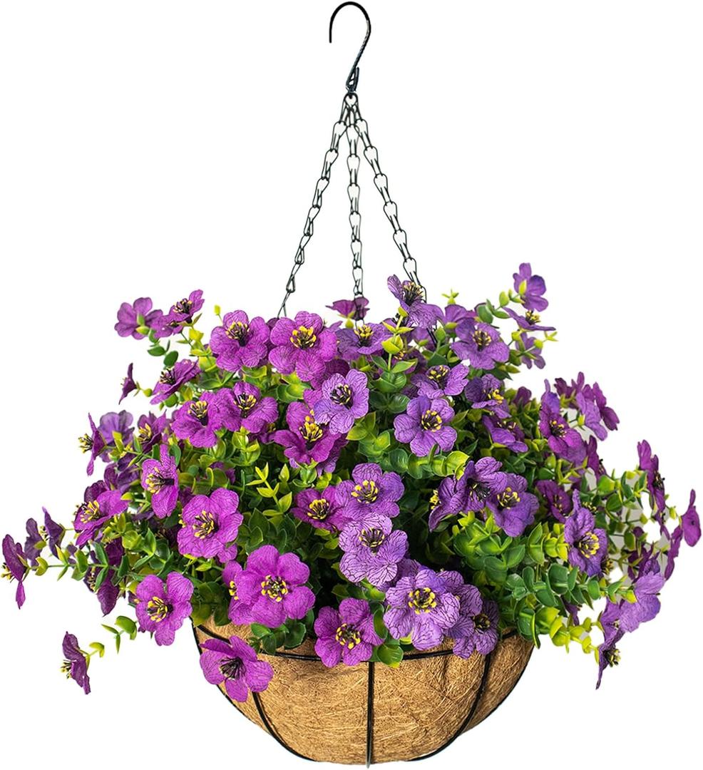 Artificial Hanging Flowers for Outdoors with Basket,UV Resistant Realistic Faux Hanging Plants Outdoor Artificial Flowers for Outdoors Basket for Yard Porch Patio Garden Home Decor,12 Bundles Mix (Purple+fuchsia)