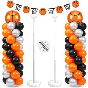Yalikop 2 Sets Basketball Party Balloon Column Stand Kit with 2 Basketball Foil Balloons 90 Latex Balloons and Banner, Adjustable Balloon Stands for Sports Game Birthday Party Decoration