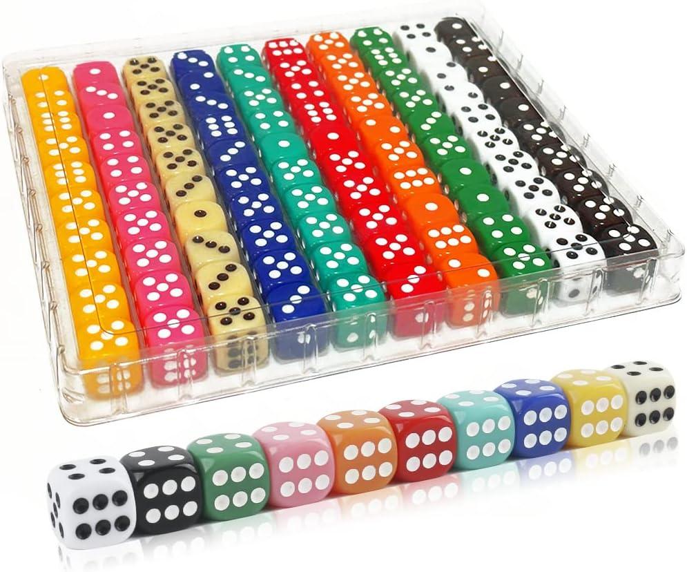 100 Pieces 16MM Dice Set, 6 Sided Standard Colored Dices with Portable Plastic Box, Opaque 10 Colors Games Dice for Board Games, Parties, Classroom Math Bulk Dice