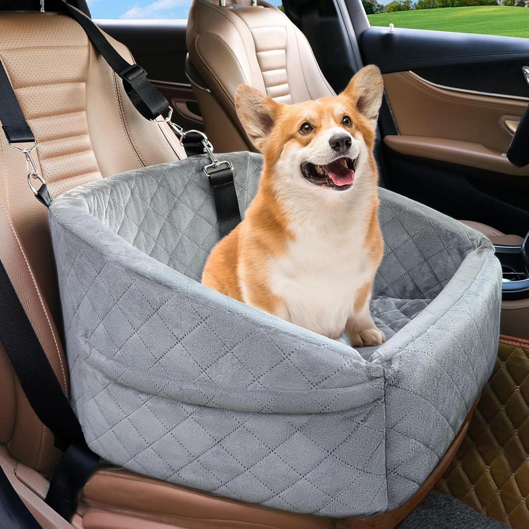 NEEZUKAR Dog Car Seat for Small Dogs,Detachable Washable Dog Booster Seat for Medium Dogs Under 30lbs, Pet Car Seat Travel Bed with Storage Pockets and Dog Safety Belt (Grey)