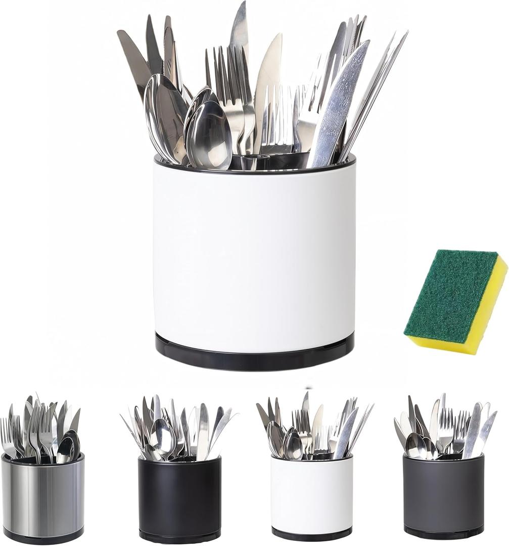 LIBODOUR Utensil Holder,Kitchen Utensil Holder For Counter,Rotating Silverware Organizer Cooking Flatware Spoon Spatula Tool Cutlery Container Stainless Steel Caddy (Medium, white)
