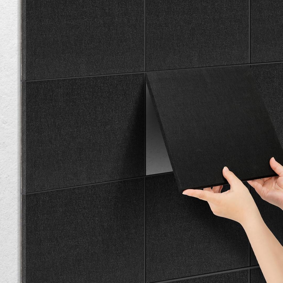 DOLLAR BOSS Felt Cork Board Tiles, 6 Packs 12" x 12" 1/2" Thick Cork Bulletin Board Self Adhesive Acoustic Panels Soundproof Corkboards for Walls with 60 Pushpins for Home Office Kitchen School, Black
