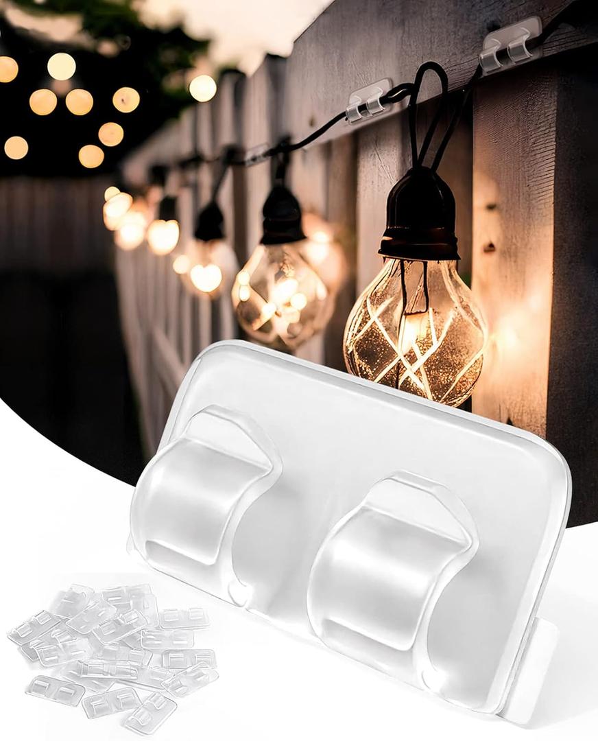 Hooks for Outdoor String Lights Clips: 25Pcs Heavy Duty Cable Clip with Waterproof Adhesive Strips for Hanging Christmas Light - Outside UV-Resistant Clear Cord Holders Outdoors Rope Organizer
