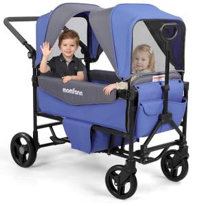 Stroller Wagon for 2 Kids, All-Terrain Wagon Stroller with Foldable, Adjustable Double Push Pull Handle, Large Storage Bag,Removable Canopy, Deep Blue