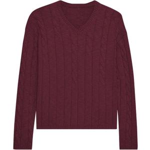 ZAFUL Women's V Neck Cable Knit Sweater 2025 Fall Pullover Long Sleeve Ribbed Loose Top Casual Outfits (Wine Red)