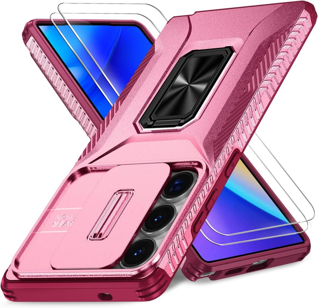 Case for Samsung Galaxy S25 Ultra with Slide Camera Cover+Screen Protector(2 Packs), Military Grade Shockproof Protective Cover, Rotated Ring Kickstand(A - Pink+Red)
