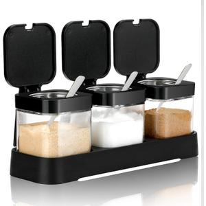 Mlici Condiment Jar Spice Container with Lids and Spoons, 8.6oz Clear Glass Condiment Canisters Pots Seasoning Box Salt Container Sugar Bowl Set of 3 for Kitchen, Containers, Black