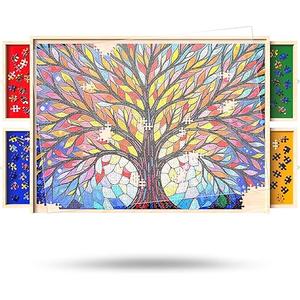 Puzzle Board with Drawers and Cover Rotatable 360-Degree Wheels 1000 Pieces Lightweight Portable Wooden Puzzle Table for Adults Kids 30'' x 22''