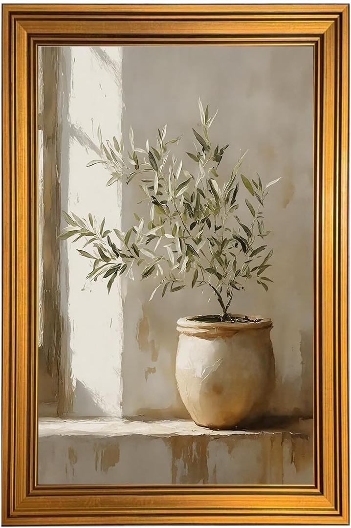 BRUZYIYE Gold Framed Wall Art Vintage Green Olive Tree Neutral Botanical Canvas Prints Rustic Plant Paintings Wall Decor Farmhouse Decor Pictures for Living Room Bathroom Bedroom 16x24inch