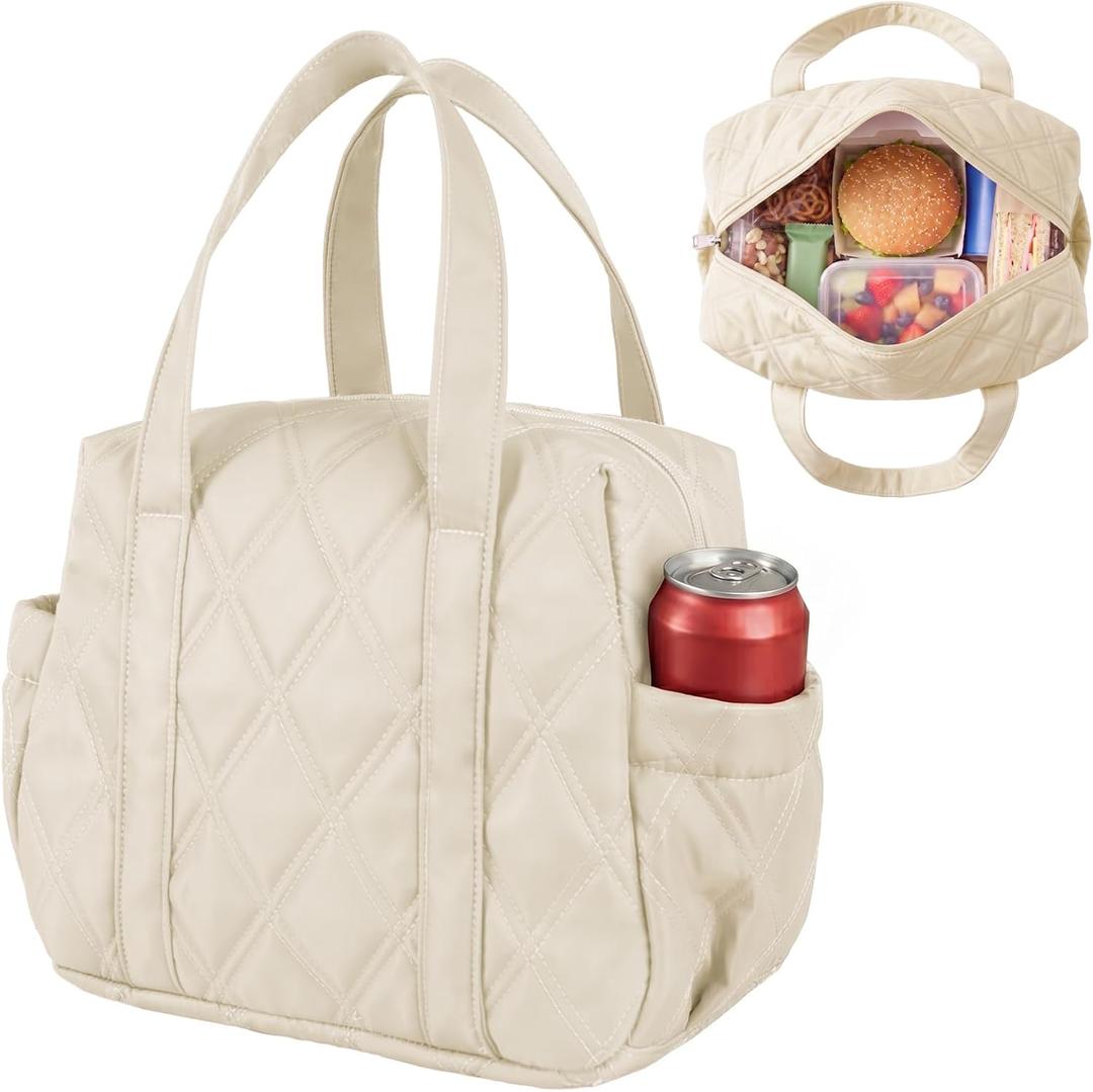 Quilted Puffer Lunch Bag for Women, Insulated Lunch Tote with Foil Lining, Leak-Resistant Reusable Lunch Cooler Bag, Roomy Soft Lunch Box for Work, School, Picnic and Travel (Off White)