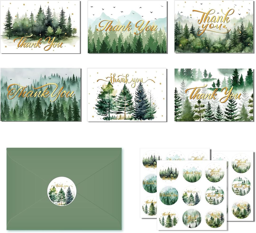 Green Forest Thank You Cards with Envelopes & Stickers 24 Pack Watercolor Nature Design Blank Greeting Card for Holiday Wedding Baby Shower Birthday Supplies, 7.87 * 5.9inch