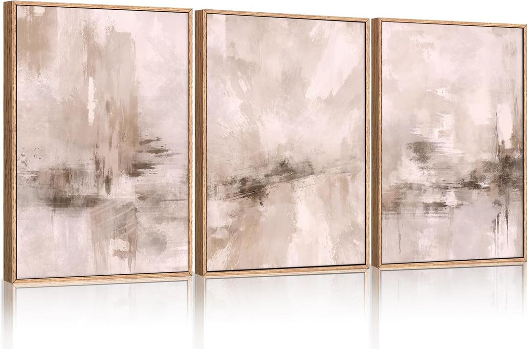 HLNIUC Large Abstract Neutral Framed Wall Art Set(16x24), Minimalist Beige Paint Stroke Canvas Wall Decor, Modern Pastel Grunge Painting, Black Shapes Art Print for Living Room, Bedroom, Office (16L" x 24W")