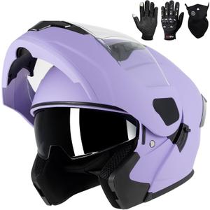 Adult Modular Motorcycle Helmets, DOT Approved Flip up Dual Visor Full Face Helmet for Men Women Moto ATV UTV Snowmobile ADV Four Wheeler Street Bike with Gloves & Mask (Small, Purple)