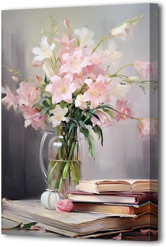 LURENCZH Lily Canvas Wall Art Pink Flower Picture Prints Book Art Wall Decor Abstract Floral Painting Prints for Living Room Decor Framed(Floral-3,16.00" x 24.00")