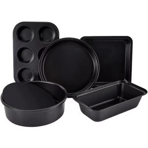 Baking Pans Set 5-Piece Toaster Oven Pans Bakeware Cooking Includes Nonstick Cake Pans/Loaf Pan/Cupcake Pan/Pizza Pan/Cookie Pan, Carbon Steel Baking Pan Set,Black