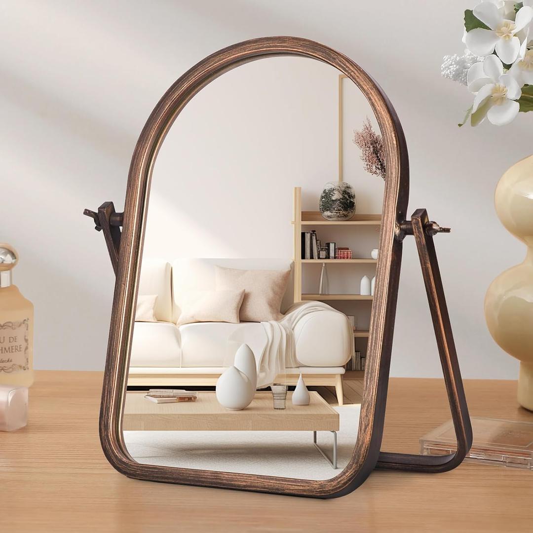 VVK Vintage Table Desk Mirror-Bronze Metal Framed Standing Mirror 360 Degree Adjustable Swivel for Tabletop, Countertop, Bedroom, Bathroom, Living Room 11.8'' x 7.8''