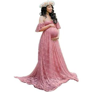 Maternity Off Shoulder Ruffle Sleeve Lace Women's Gown Maxi Photography Dress (Pink Carnation)