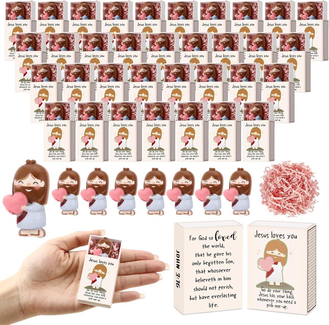Wettarn 36 Sets Christian Valentine Gift Bulk Mini Jesus Loves You Figurines Gifts, Small Jesus with Match Storage Box Pocket for Coworkers Church Sunday School Students Religious Gift, Easter Egg