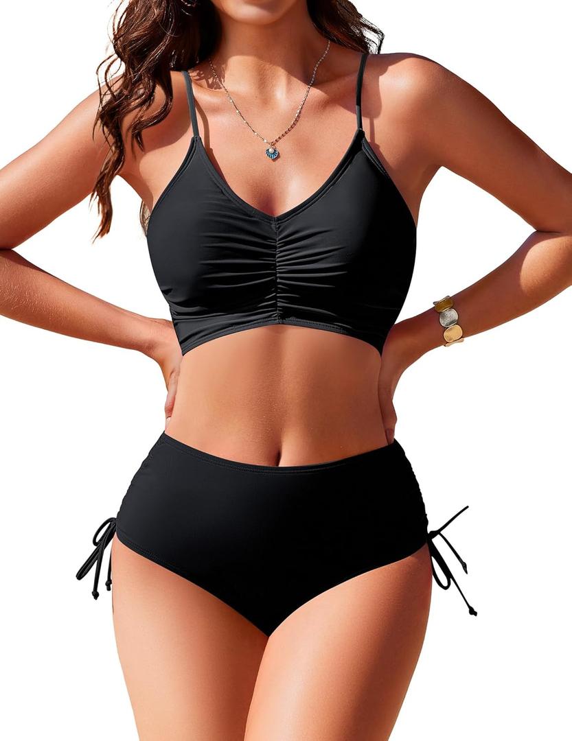 AI'MAGE Women's High Waisted Bikini Sets Tummy Control Swimsuits Front Ruched Two Piece Drawstring Bathing Suit (Large, Black)