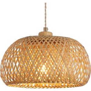 Bamboo Pendant Light Fixture One-Light Adjustable Boho Basket Handmade Woven Pendant Lighting for Kitchen Island Sink Farmhouse Dining Room