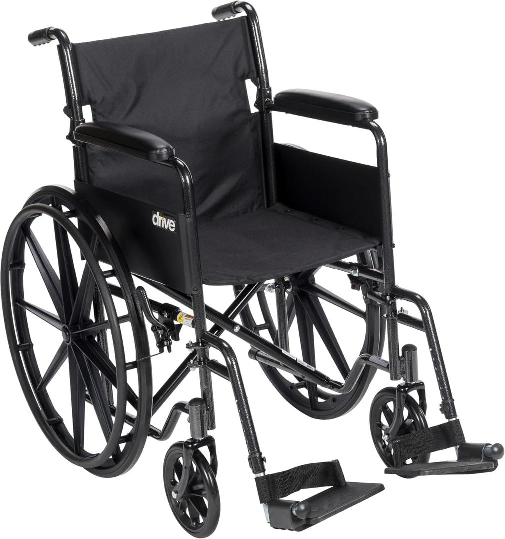 Drive Medical Silver Sport 1 Folding Transport Wheelchair - Lightweight Mobility Support - Full Armrests - Removable Swing-Away Footrests - Durable Steel Construction - Compact Folding Frame - Black