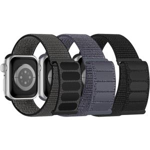 3 Pack Sport Bands Compatible with Apple Watch Band Size: 42mm(Series 3)/44mm/45mm/46mm/49mm
 Adjustable Breathable Nylon Straps for iWatch Series 10/9/8/7/6/5/4/3/SE/Ultra (Black/Iron Gray/Gray)