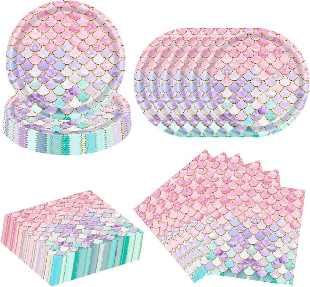80pcs Mermaid Party Supplies Mermaid Paper Plates and Napkins Party Tableware for Girls Women Birthday Cocktail Bridal Shower Graduation Wedding Decorations