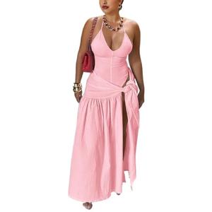 Two Piece Sets for Women Vacation Sexy Halter Backless Bodysuit and High Split Beach Wrap Pleated Skirt Set Pink M