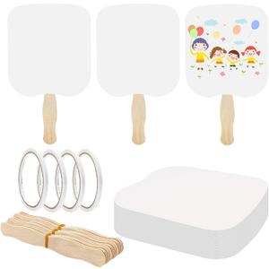 Fansunta 30 Pieces Church Fans Handheld Set, Including Fan Handle Craft Sticks Wavy Wooden Sticks, Blank White Cardstock, Double Sided Tape Church Fans for DIY Crafting Painting