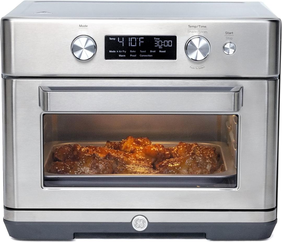 GE Digital Air Fryer Toaster Oven + Accessory Set | Convection Toaster with 8 Cook Modes | Large Capacity Oven - Fits 12" Pizza | Countertop Kitchen Essentials | Stainless Steel, 17.7in D x 14.0in H x 16.9in W
