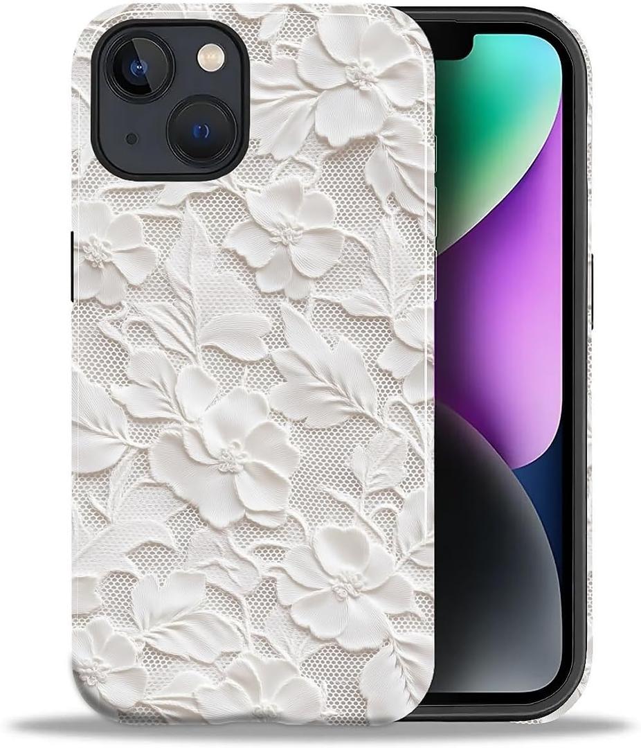 DAIZAG Case for iPhone 14 iPhone 13,White Floral Lace Full-Body Design Hybrid Dual Protection Soft TPU Hard PC Shockproof Scratch-Resistant Protective Cover Phone Case for Men Women