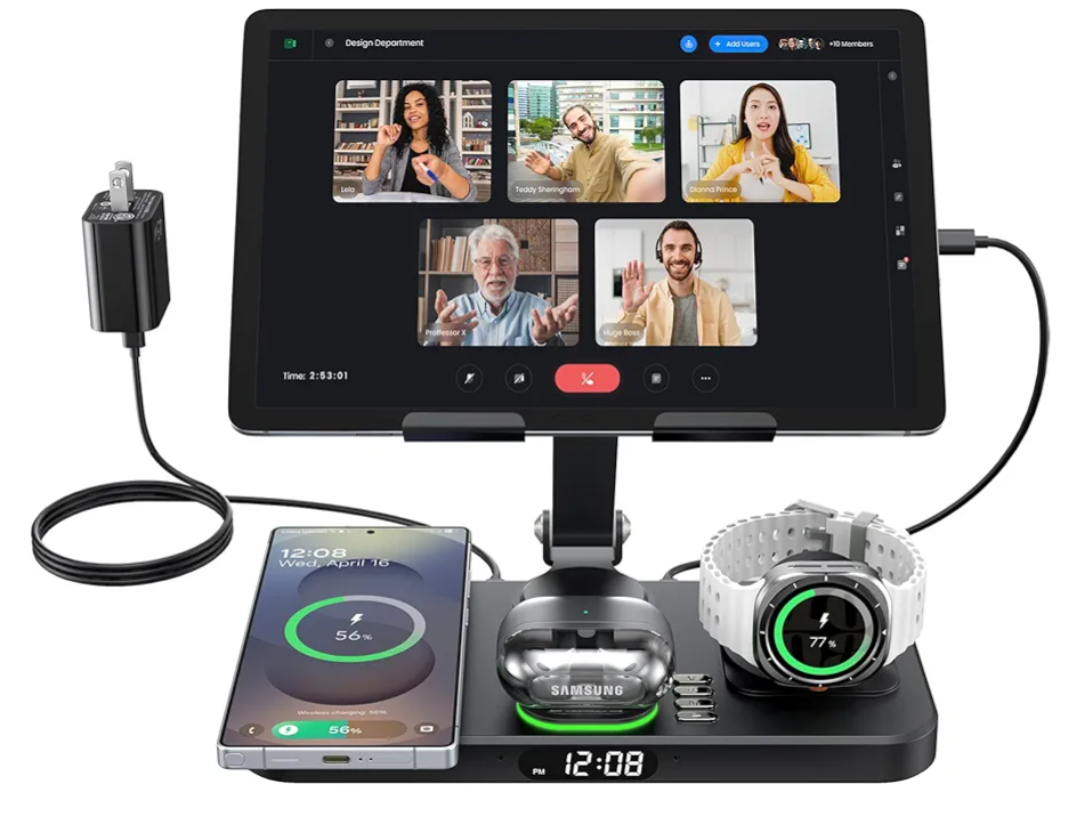 45W Wireless Charging Station for Multiple Samsung Device & Android, Foldable 20W Wired Charger Stand for Galaxy Tab with Clock & Light, Charger for S26/S25 Ultra/Z Fold & Buds, Only for Galaxy Watch