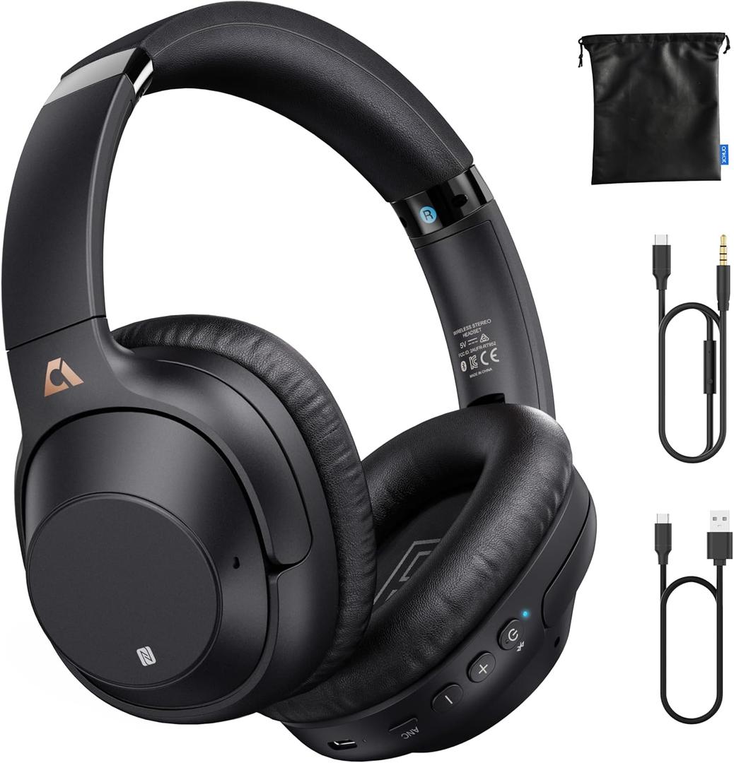 Bluetooth 5.2 Hybrid Active Noise Cancelling Headphones for Airplane Travel, 90H Playtime Wired and Wireless Over Ear ANC Headset for Adults, Android, Home Office