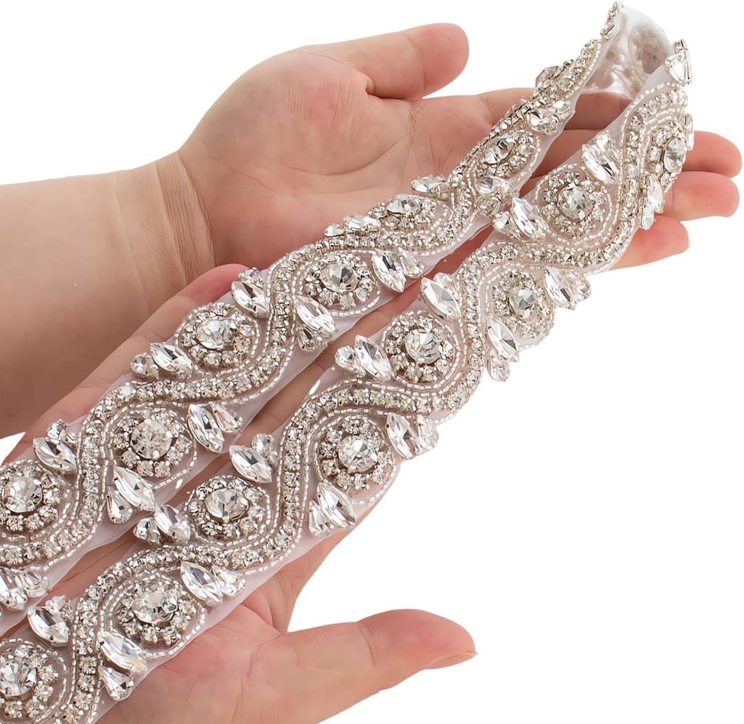 ShiDianYi Wedding Rhinestones Pearls Trim, 1 Yard Long Silver Rhinetones for Dress, Bridal Applique, Crystal Beaded Applique