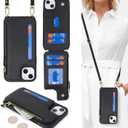 Cavor for iPhone 15 Plus Wallet Case with Card Holder for Women, for iPhone 15 Plus Case with Strap,Crossbody Lanyard and Wristlet Zipper Pocket Phone Cover-Black