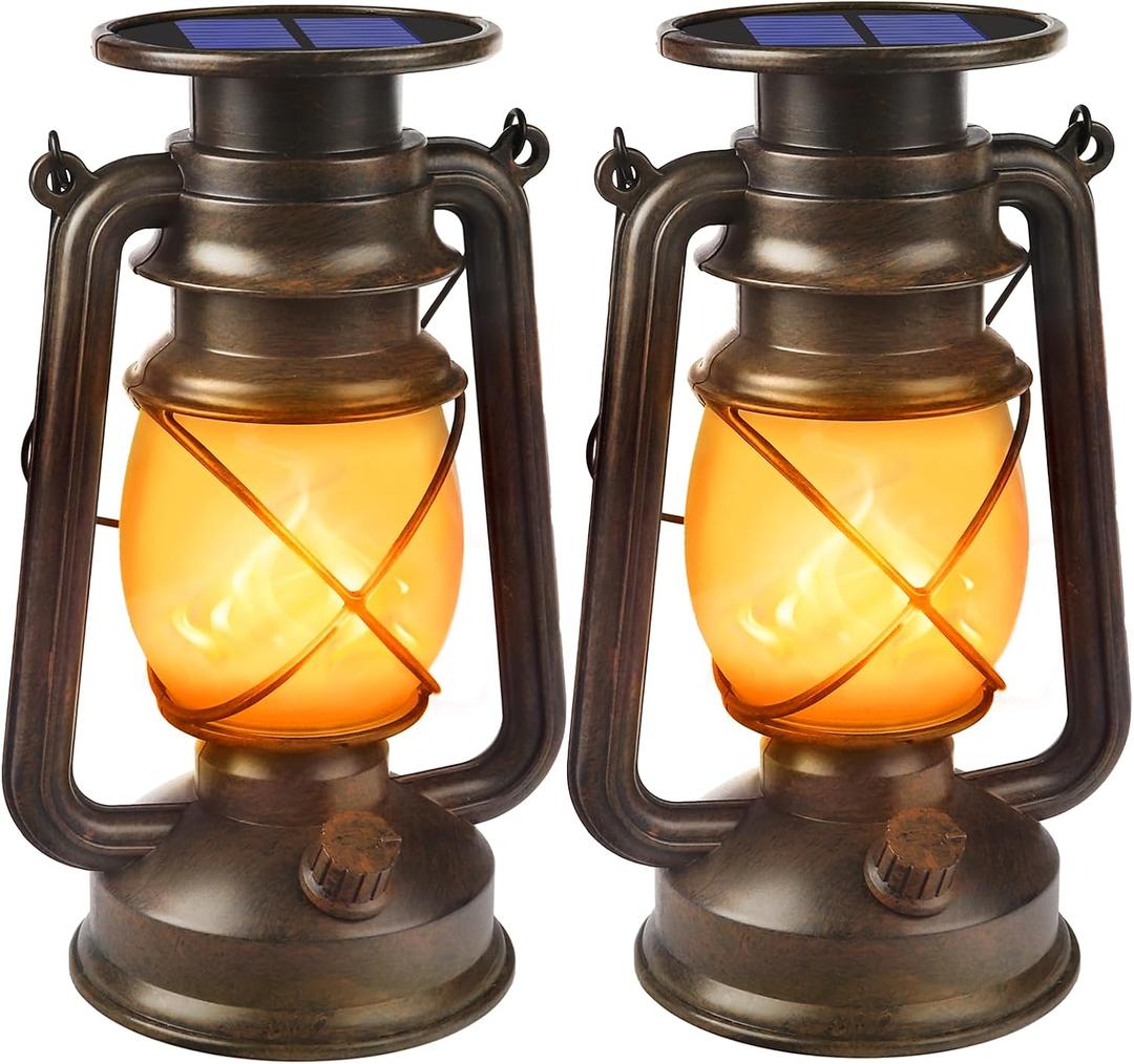 Wondrastical Solar Lanterns Outdoor Waterproof, 2 Pack Flickering Flame LED Hanging Lantern, Bronze Vintage Solar Powered Decorative Lights for Patio Porch Garden Yard Pathway Camping