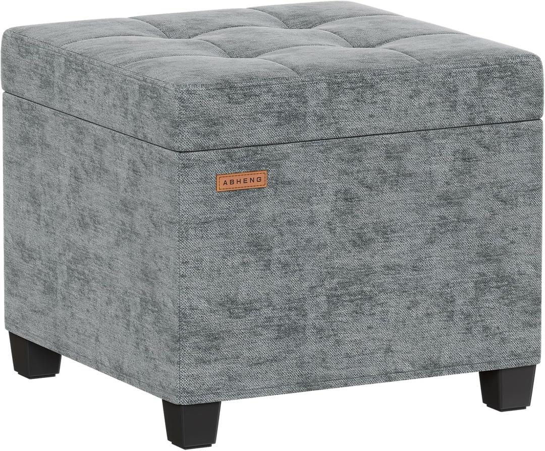 ABHENG Chenille Cover Steel Frame Ottoman with 48L Storage,17.7" x 17.7" x 17.7" Square Linen Storage Ottoman Stool Cube with Legs,for Dorm Livingroom Gray UASND641G