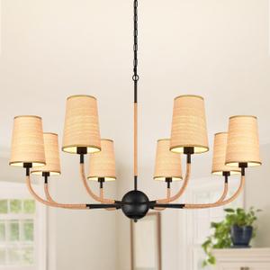 AyshwillDec 39" Black Boho Rattan Chandelier for Living Room 8-Light Large Coastal Boho Pendant Light Fixture Bedroom Adjustable Rustic Farmhouse Chandeliers for Dining Room Kitchen Island Foyer