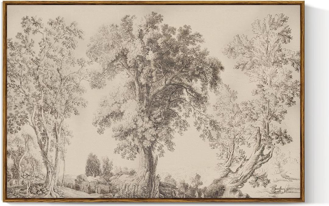 VIYYIEA Large Framed Canvas Wall Art, 24x36 Inch Vintage Tree Sketch Landscape Art Print, Neutral Nature Wall Decor for Living Room Bedroom Office