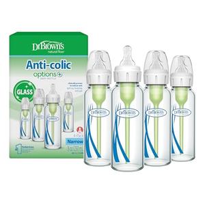 Dr. Brown's Anti-Colic Options+ Narrow Glass Baby Bottle with Level 1 Slow Flow Nipple, BPA-Free, 8 oz/250 mL, 0m+, 4-Pack